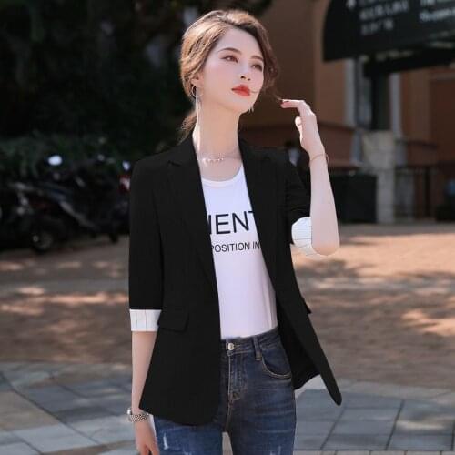 Autumn Fashion Women Short Blazers Jackets Seven Sleeve Outerwear Elegant Ladies Coats Work Wear Black Pink Work Wear