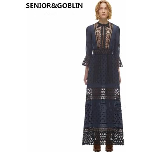 High Quality 2021 autumn women dress Runway Womens Flare Sleeve Lace Patchwork Maxi Long dress