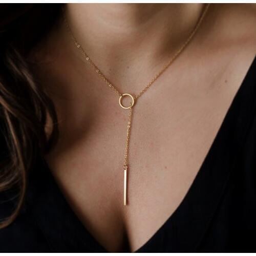 SMJEL Bridesmaid Jewelry Collar New Y Style Chain Vertical Bar with Circle Pendant Necklace Women Simple Round Gold Necklaces