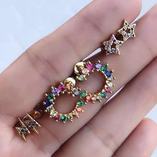 2021 Luxury Women Fashion Stud Earring Gold Filled Rainbow Baguette Cubic Zirconia Round Circle Geometry Simpe Trendy Earrings