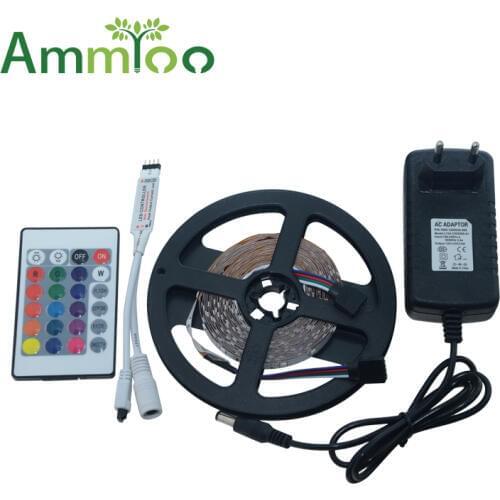 AmmToo 300LEDs 3528 SMD Chips RGB Led Strip Light 60LEDs/M 5M Flexible Light LED Tape IR Remote Controller 12V 3A Power Adapter