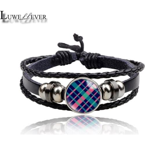 New 3772 Geometric 20mm Glass Genuine Leather Bracelet 18mm Snap Button Round Cabochon Charm Jewelry For Women Men Gift