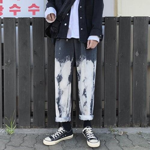 Men Korean Gradient Black Jeans Mens 2020 Embroidery Streetwear Baggy Denim Pants Male Hip Hop Wide Leg Harem Pants INS
