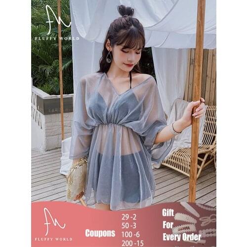 Women Bikini Sets 3 Piece Beachwear Lurex V-Neck Flare Half-Sleeve High Waist Elastic Sweet Swimwear Korean Style Bathing Suit