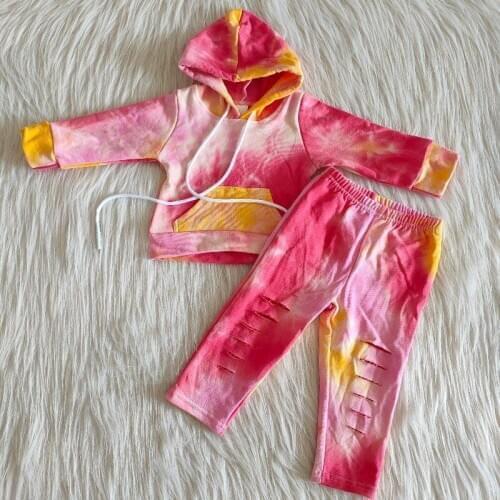 New Arrival terry cloth 2pcs hoodie yellow and pink tie dye set for baby girl kids boutique clothing