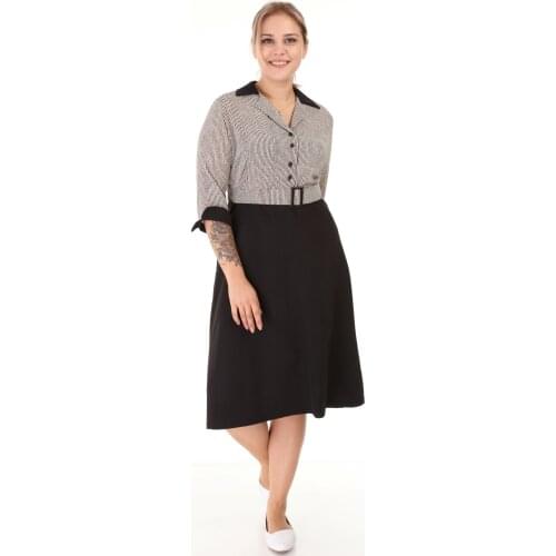Lir Women Large Size Arched Three Quarter Sleeve Office Dress Black 1627