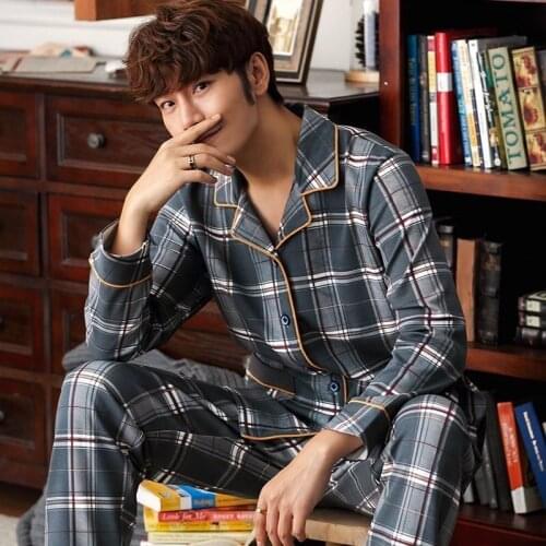 Mens Pajamas Mens Suit Long Sleeved Cardigan Home Clothes Spring and Autumn Button Home Clothes Are Loose and Can Be Worn Out