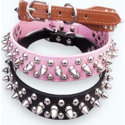 New Spiked Small Dog Collar Genuine Leather Adjustable Pet Neck Strap Rivet Studded Chain Belt For Medium Dog(Yorkshire&Bulldog)