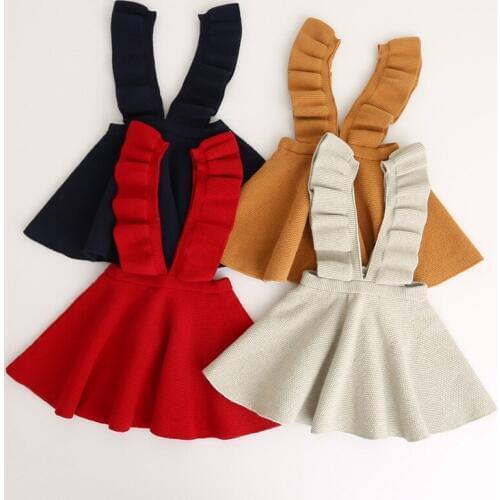 Girls Dress 2017 European American Style Flare Sleeve Knitted Cotton Strap dress Children Clothing 4 Colors