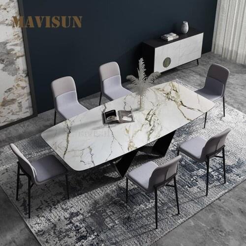Italian Luxury High-End Custom Natural Marble Rectangular Dining Table Set For 6 Person Fashion Modern Restaurant Dining Table