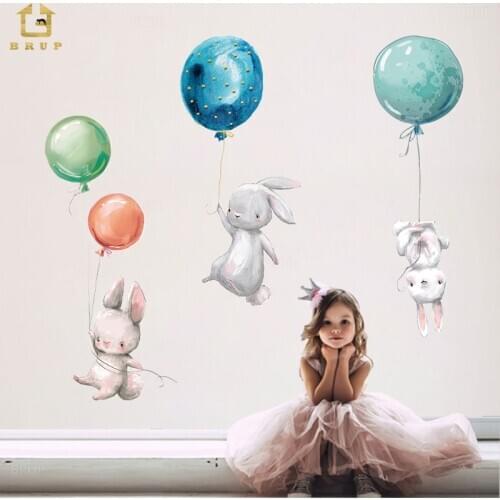Cartoon Bunny Rabbit Air Balloon Wall Sticker for Baby Nursery Room Decoration Wall Decals Matte Material PVC Sticker Watercolor