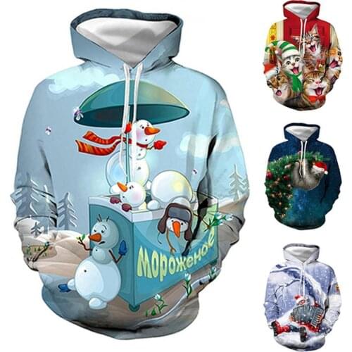 Unisex Digital Print Christmas Santa Animal Long Sleeve Drawstring Loose Hoodie