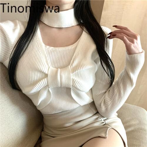 Tinomiswa White Halter Collar Long Sleeve Pullover Pure Color Long Sleeve Cut Jumper Bow Knot New Arrival Baic Sweater Women