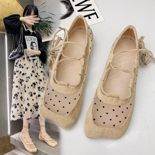 Mary Jane Shoes Fashion Shallow Mouth Ballet Flats Shoes Sweet Polka Dot Lace-up Womens Breathable Mesh Flat Single Granny Shoe