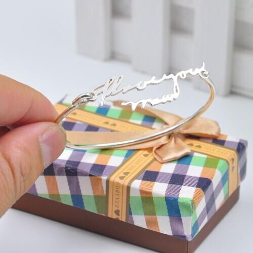 Solid Hand Written Words Bangle Custom Nameplate Thin Bangle Personalized Handwritting Memorial Jewelry Moms Gift