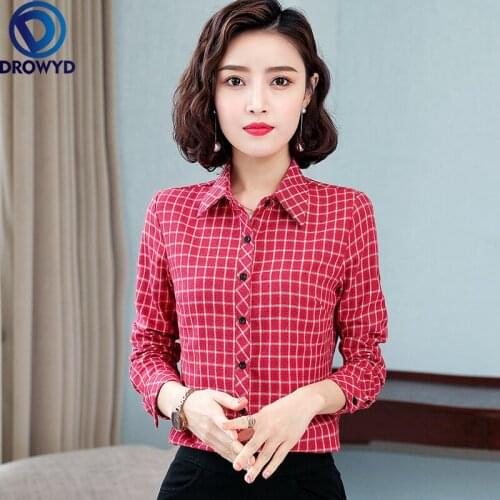 Vintage Oversized Shirt Long Sleeve Turn Down Collar Red Plus Size 4XL Plaid Blouse Summer Womens Blouses & Shirts Tops DROWYD