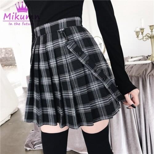 Harajuku Gothic Vintage Black White Plaid Skirts Womens High Waist Pleated Skirt Punk Girls Short Skirt