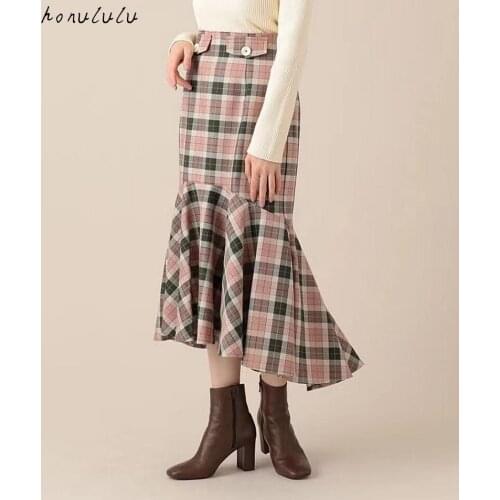 2021 spring new plaid waisted fishtail bag hip irregular skirt women