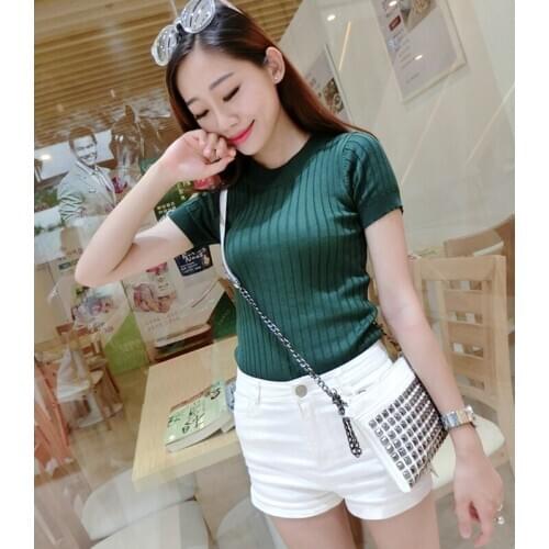 Women Short Sleeved Tshirt Knit Tops Slim Sexy Elastic Thin Wild Bottom Shirt