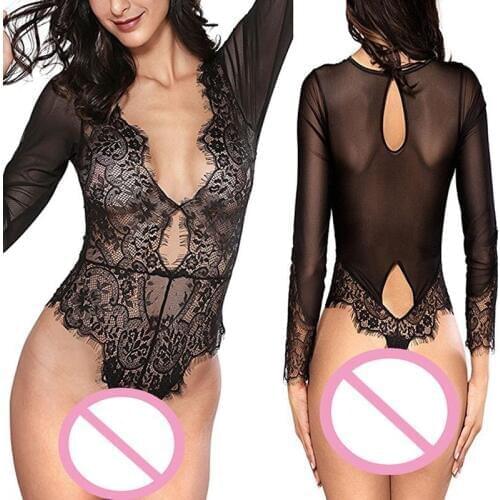 Women Babydoll Jumpsuit Lace Long Sleeve Hollow Bodysuit Nightwear Erotic Sleepwear SN-Hot