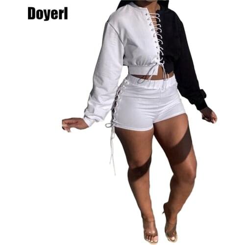Lace Up Long Sleeve Co Ords Women Two Pieces Top and Shorts Tracksuit Women Set Casual Outfit Fall Sport Short Suits Shorts Sets