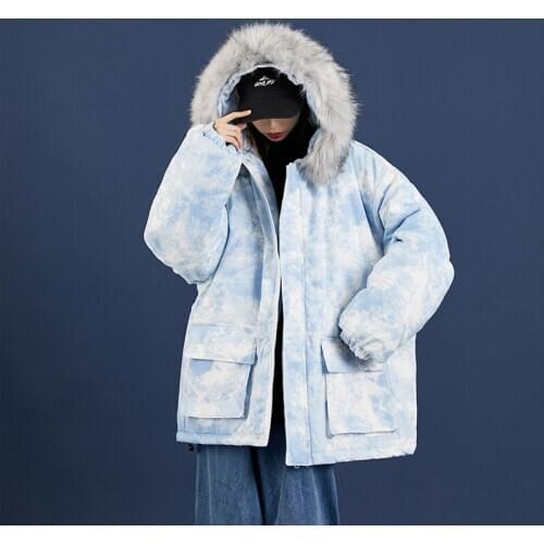 Womens Hooded Cotton Coat Winter Korean Loose Ins Tie Dye Tooling Jacket Plus Size Couple Outfit Lady Outerwear With Fur Collar