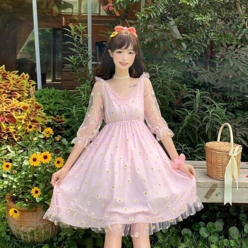 Womens Summer Japanese-Style Sweet V-neck Gauze Daisy Printed Elastic High-Waist Cropped Sleeves Ruffles Dress lolita dress