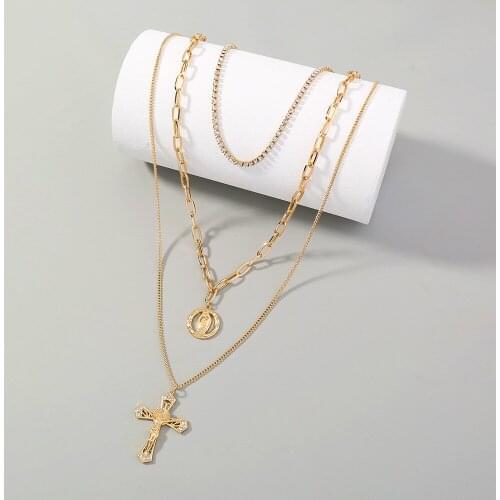 Retro Luxurious Clavicle Chain Zircon Necklace for Women Cross Multilayer Necklace Female Chokers Round Portrait Jesus Pendant