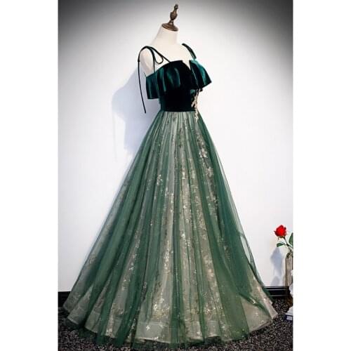 Elegant A Line Dark Green Floor-Length Sequined Evening Dresses V Neck Spaghetti Straps Appliques Criss Cross Straps Formal Gown