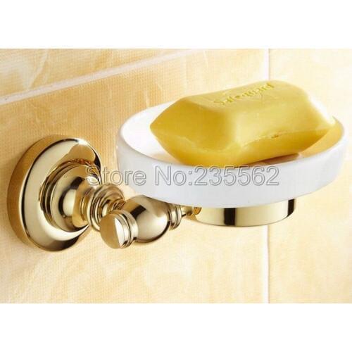 Golden Brass Bathroom Accessory Wall Mounted Soap Dish Holder Set W/ Ceramic Cup lba141