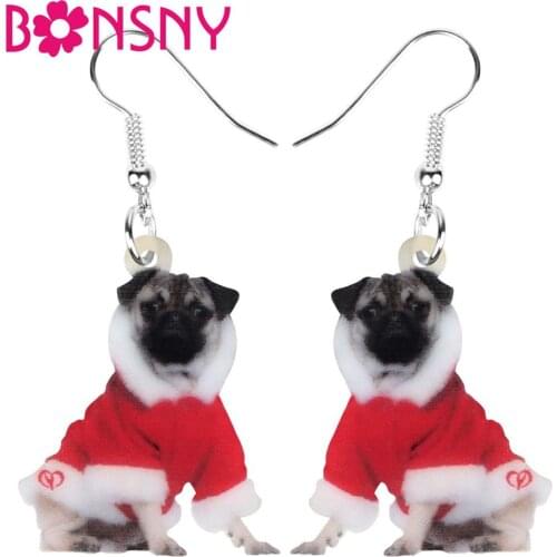 Bonsny Acrylic Christmas Costume Dress Pug Dog Earrings Drop Dangle Animal Jewelry For Women Girl Teen Kid Party Decoration Gift