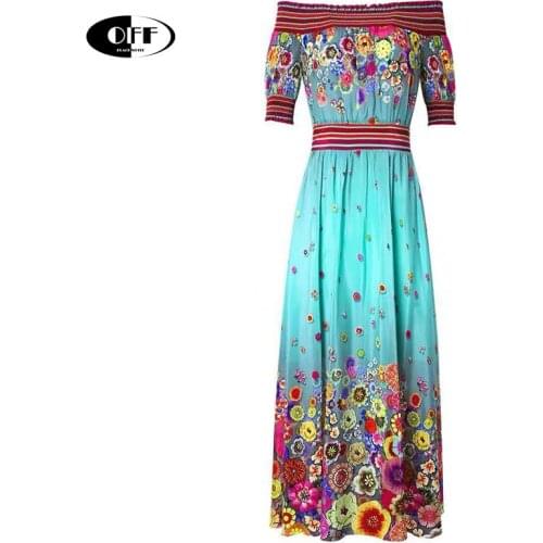 Designer beach chic Bohemia long dress slash neck vintage floral casual Elastic waist plus size 2XL retro maxi dresses vestidos
