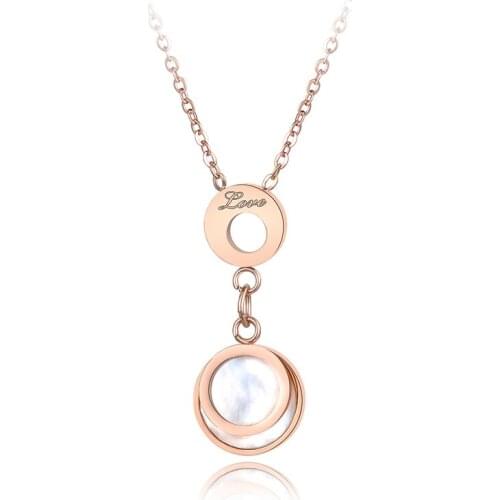 JeeMango Stainless Steel Jewelry Love Letter Pendant White Shell Circle Rose Gold Color Engagement Necklaces For Women N18077