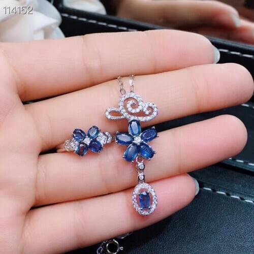 Natural blue sapphire gem Ring Pendant Natural Gemstone Jewelry Set 925 Silver Lovely Flower Cloud Women party gift fine jewelry
