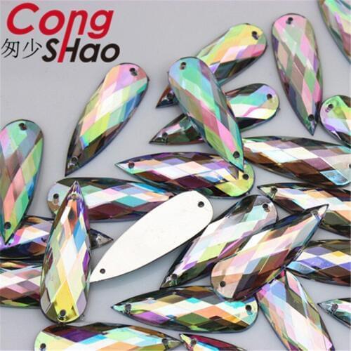 Cong Shao 50pcs 10*30mm Colorful Acrylic Rhinestone Crystals and stones flatback Long Drop sewing 2 Hole DIY Wedding dress WC111