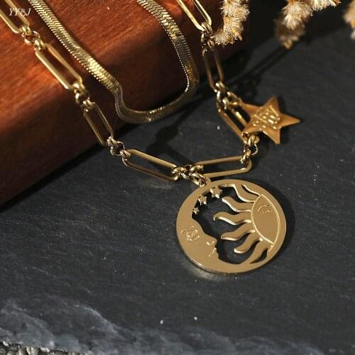 Moon and sun layered necklaces for women stainless steel herringbone snake chain necklace gold vintage free tarnish 2021