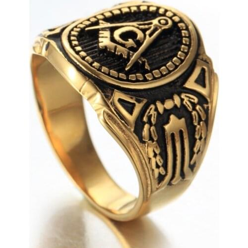 Mens Boys Freemason Gold Tone Free Mason 316L Stainless Steel Masonic Ring US SIZE 7-15