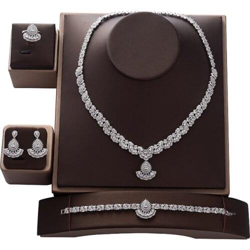 Jewelry Set HADIYANA Fan Shape Women Wedding Accessories Party Necklace Earrings Ring And Bracelet Set Zricon CNY0090 Bisuteria