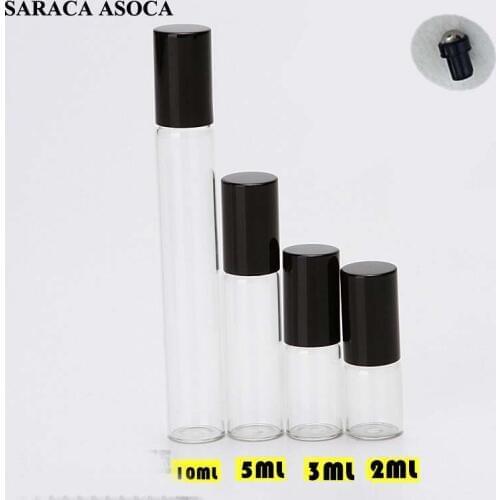 Wholesale 2ml Mini Glass Steel Roller Perfume Bottle Transparent Clear Roller Bottle Empty Ball Perfume Bottle Black Cap
