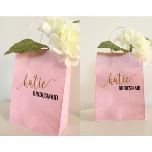 Personalized pink kraft wedding bridesmaid maid of honor thank you gift bags, pink gift bags/bridesmaid proposal gift bags