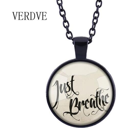 Just Breathe Quote Necklace Glass Cabochon Chain Inspirational Letter Fashion Jewelry Gift for Lover Family Friends