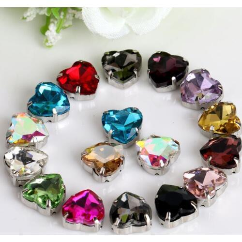 100pcs 10mm/18mm Sewing on stones Heart shape flatback crystal rhinestones with claw Diy Accessories
