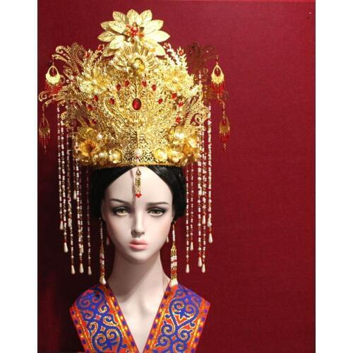 Ancient Chinese Bride Wedding Golden Red Hair Tiara Empress Princess Hair Crown Piece with Long Tassel Big Phoenix Palace TV