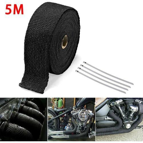 5M Roll Fiberglass Heat Shield Motorcycle Exhaust Header Pipe Heat Wrap Tape Thermal Protection+ 4 Ties Kit Exhaust Pipe Insulat