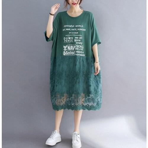Vintage One-Piece Lace T Shirt Summer Dress Korean Short Sleeve Oversized Long Midi Dress Robe Female Loose Casual Ladies Dress