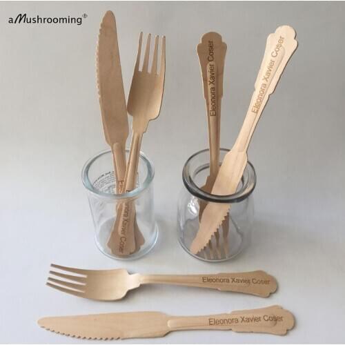 XL disposable Cutlery Tableware Set Personalized Party Spoons Forks Knives 1940s style 20cm Engraved Wood