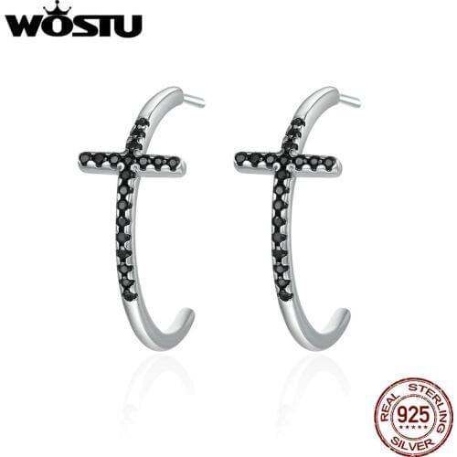 WOSTU European 100% 925 Sterling Silver Classic Cross Black CZ Stud Earrings for Women Sterling Silver Jewelry Brincos FIE262