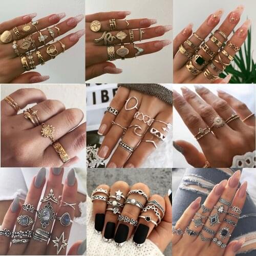 10-12 Sets of Water Drop Suit Ring Women Set for Women Retro Punk Style Geometric Star Peach Heart Snake Jewelry