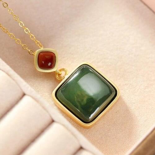 S925 Sterling Silver Natural Hetian Jade Gray Jade South Red Pendant Personality Peace Buckle High-End Ornament for Women