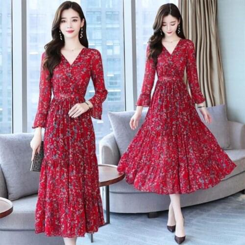Autumn New Long-Sleeved Chiffon Dress Floral Dress V-neck Woman Dresses Vestido De Mujer Femme Robe
